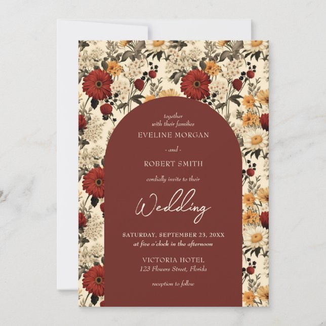 Watercolor wild flower deep red ivory arched invitation (Front)