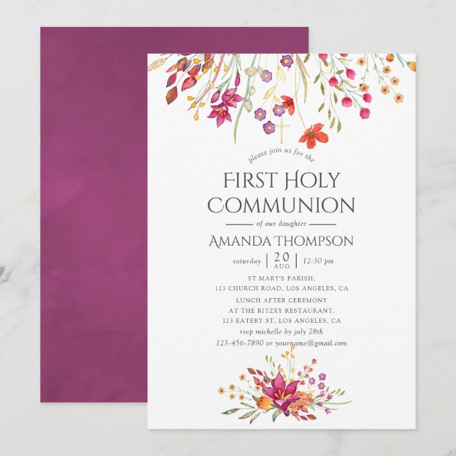 Watercolor Wild Flower First Holy Communion Invitation (Front/Back)