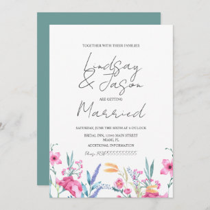 Watercolor Wild Flower Green Script Wedding Invitation