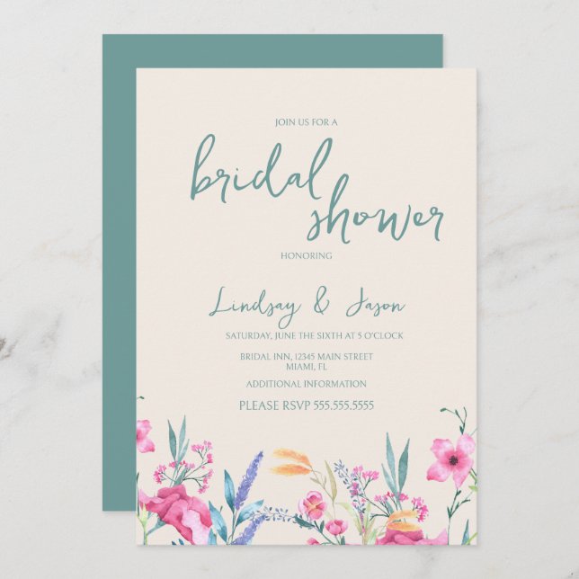 Watercolor Wild Flower Mix Script Bridal Shower Invitation (Front/Back)