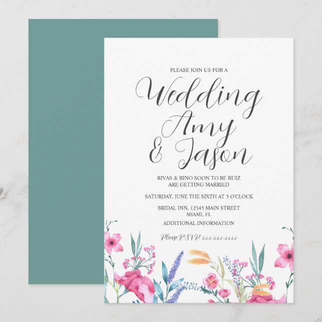 Watercolor Wild Flower Muted Green Wedding Invitation (Front/Back)