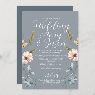 Watercolor Wild Flower Muted Grey Wedding Invitation