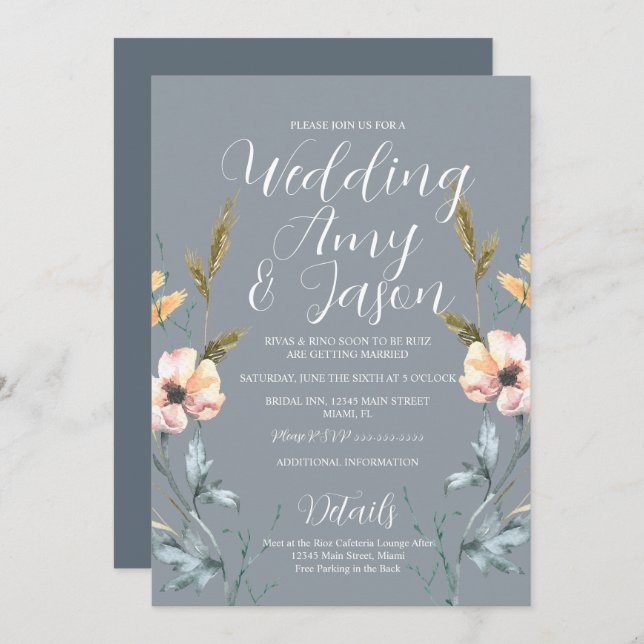 Watercolor Wild Flower Muted Grey Wedding Invitation (Front/Back)