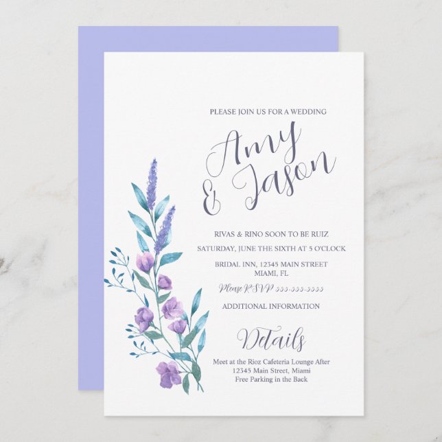 Watercolor Wild Flower Muted Lavender Wedding Invitation (Front/Back)