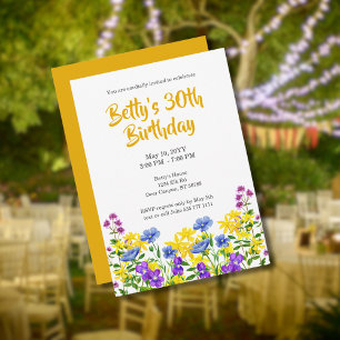 Watercolor Wild Flowers 30th Birthday Party Invitation