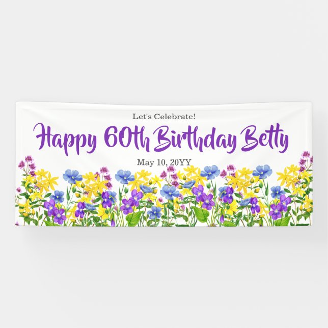 Watercolor Wild Flowers 60th Birthday Party Banner (Horizontal)