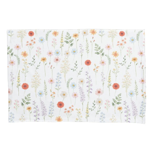 Watercolor Wild Flowers Floral Botanical Pattern Pillowcase (Front)