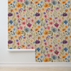 Watercolor Wild Flowers on Cream Wallpaper