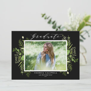 Watercolor Wild Foliage Black Photo Graduation Invitation