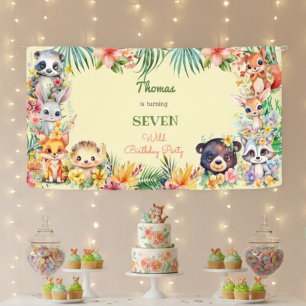 Watercolor Wild forest animals kids birthday Banner