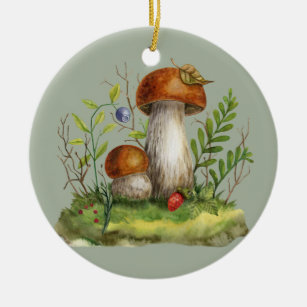 Watercolor Wild Forest Mushrooms and Berries Ceramic Tree Decoration