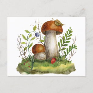 Watercolor Wild Forest Mushrooms and Berries Postcard