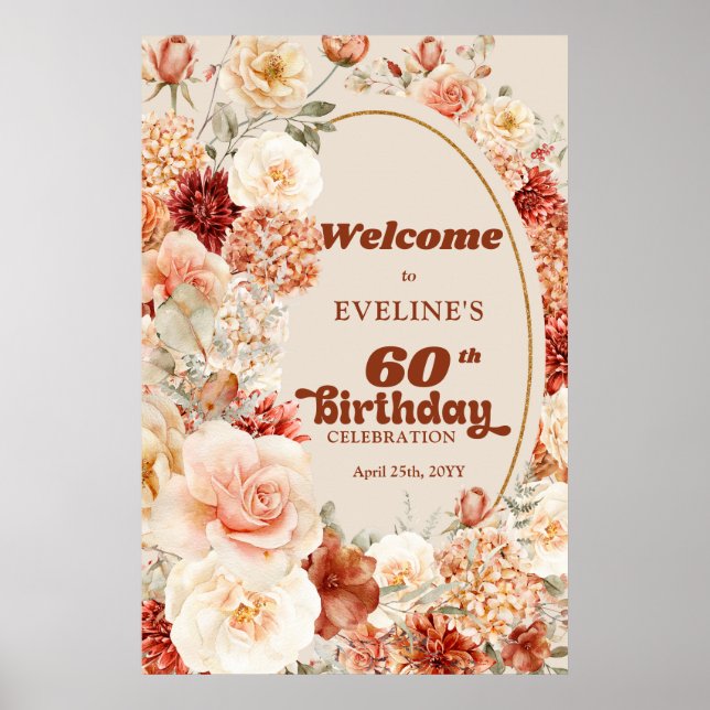 Watercolor wild garden flowers 60 birthday Welcome Poster (Front)