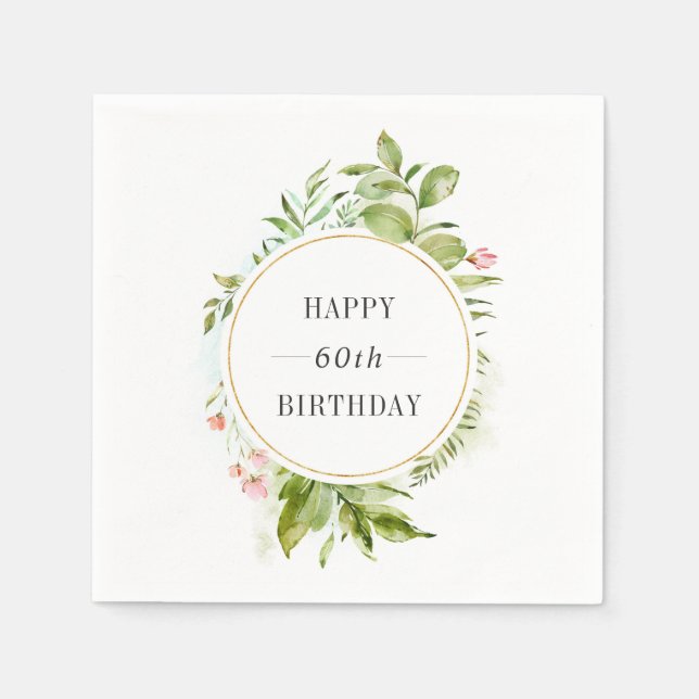 Watercolor Wild Green Foliage Custom Text Birthday Napkin (Front)
