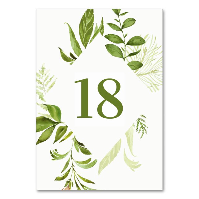 Watercolor Wild Green Foliage Custom Wedding Table Number (Back)