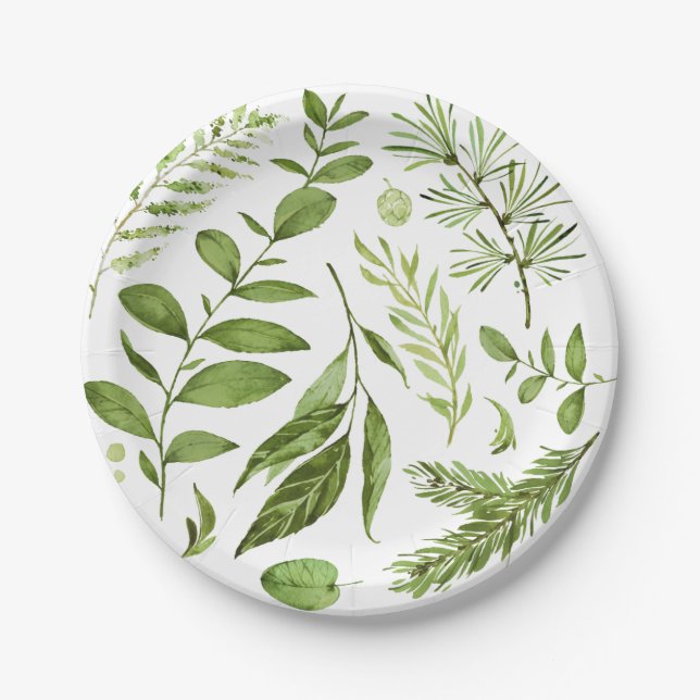 Watercolor Wild Green Foliage Leaves Cluster Paper Plate (Front)