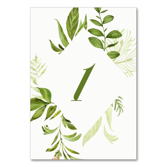 Watercolor Wild Green Foliage Table Number 1 Card (Front)