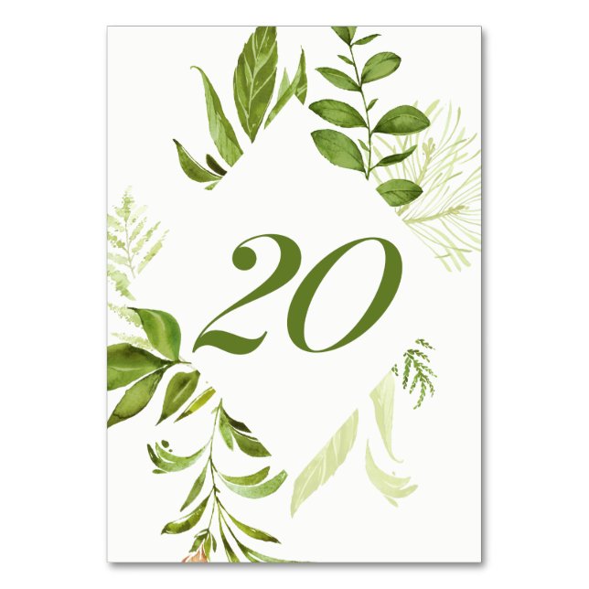Watercolor Wild Green Foliage Table Number 20 Card (Back)