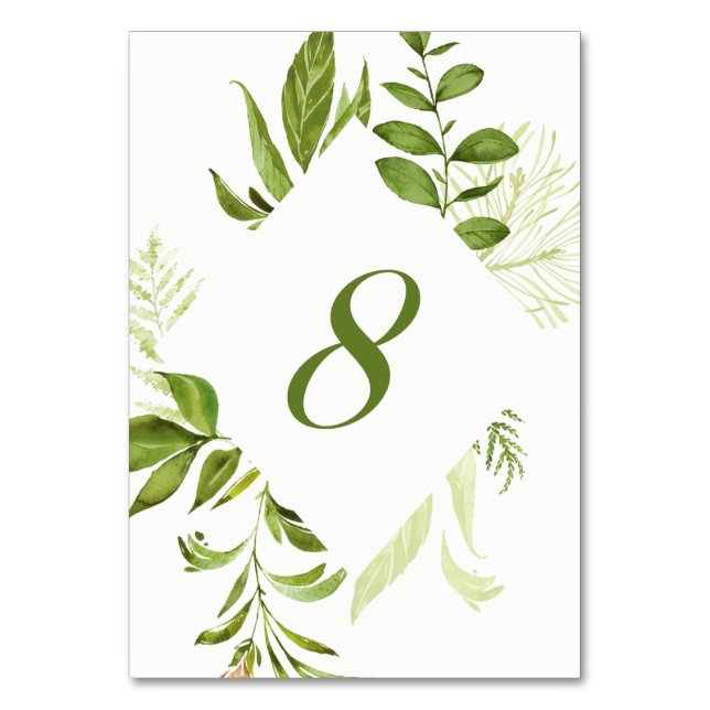 Watercolor Wild Green Foliage Table Number 8 Card (Front)