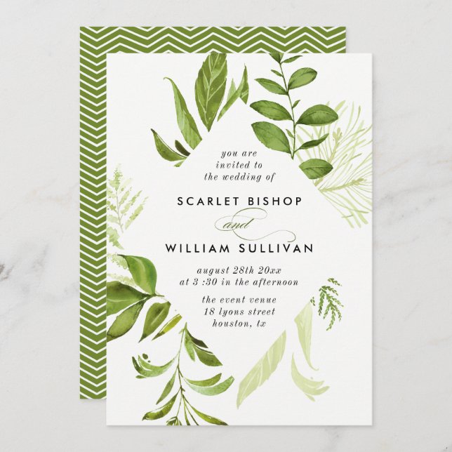 Watercolor Wild Green Foliage Wedding Invitation (Front/Back)