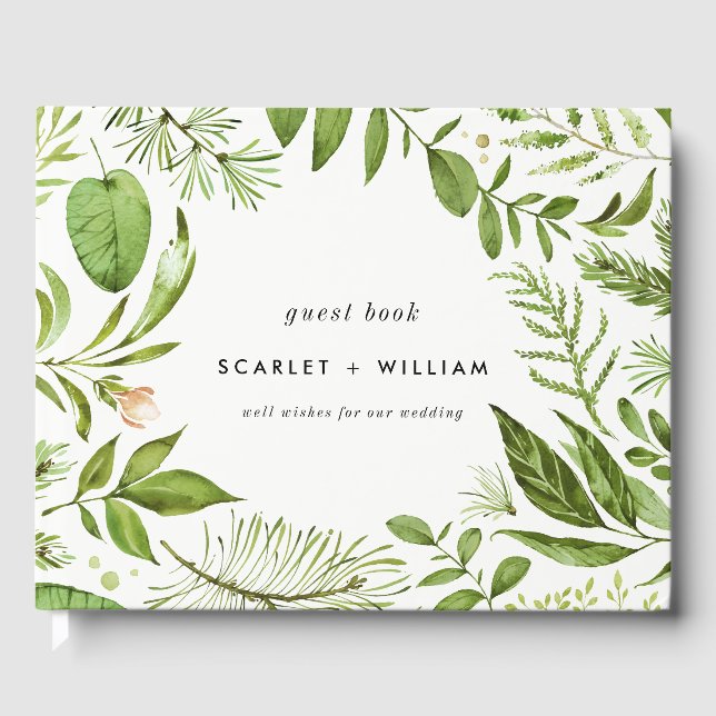 Watercolor Wild Green Foliage Wreath Wedding Guest Book (Front)