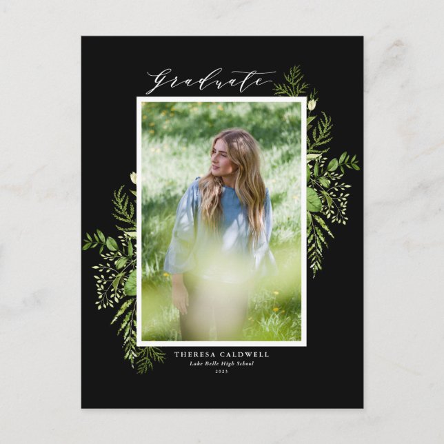Watercolor Wild Greenery Black Graduation Postcard (Front)