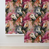 Watercolor Wild Horses Flowing Mane Flowers