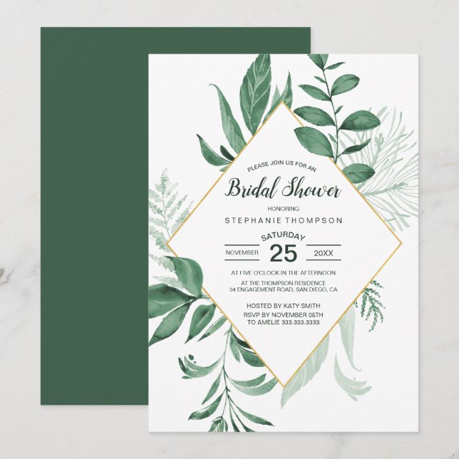 Watercolor Wild Leaves Hunter Green Bridal Showe Invitation (Front/Back)