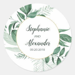 Watercolor Wild Leaves Hunter Green Wedding Classic Round Sticker