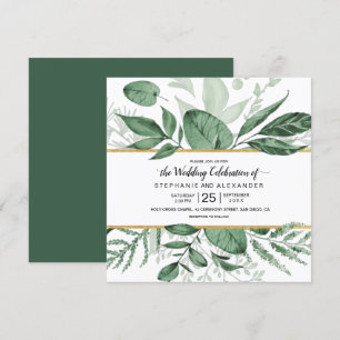Watercolor Wild Leaves Hunter Green Wedding Invitation