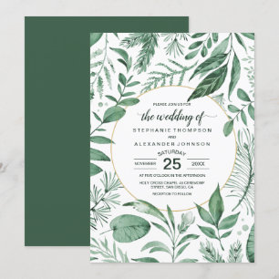 Watercolor Wild Leaves Hunter Green Wedding Invitation