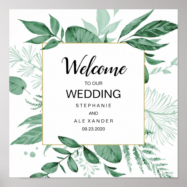 Watercolor Wild Leaves Hunter Green Wedding Poster (Front)