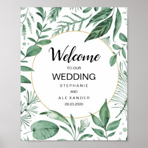 Watercolor Wild Leaves Hunter Green Wedding Poster