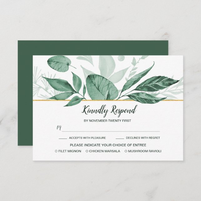 Watercolor Wild Leaves Hunter Green Wedding RSVP Card (Front/Back)