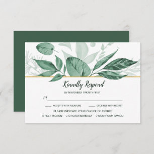 Watercolor Wild Leaves Hunter Green Wedding RSVP Card