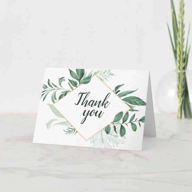 Watercolor Wild Leaves Hunter Green Wedding Thank You Card (Front)