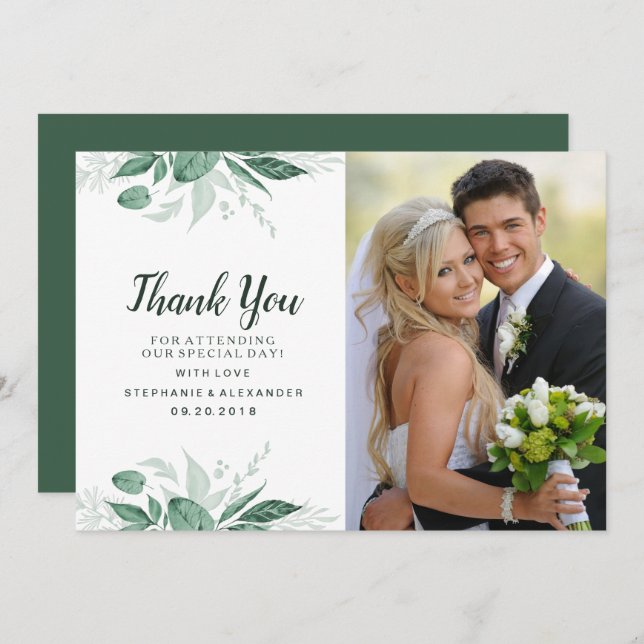 Watercolor Wild Leaves Hunter Green Wedding Thank You Card (Front/Back)