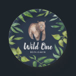 Watercolor Wild One Bear First Birthday | Navy Paper Plate<br><div class="desc">These stylish first birthday party plates feature a watercolor painted brown bear and leaves,  along with stylish typography,  reading,  "Wild One." Simply customise with your child's name! The background colour can be customised,  if desired (shown in dark navy blue).</div>