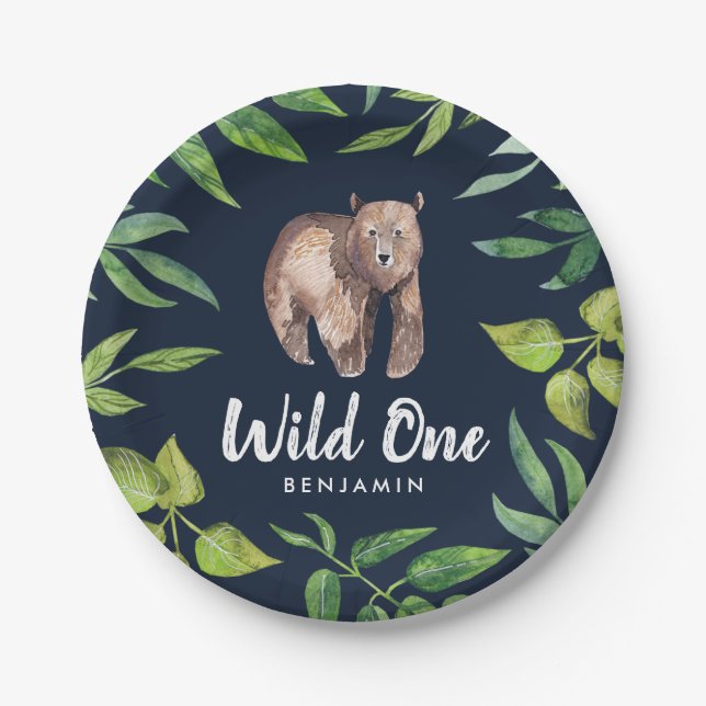 Watercolor Wild One Bear First Birthday | Navy Paper Plate (Front)