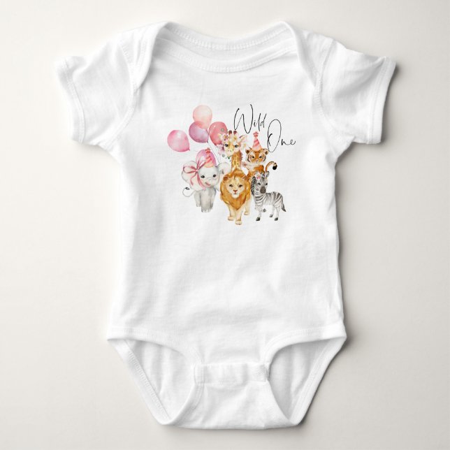 Watercolor Wild one Girl safari animals  Baby Bodysuit (Front)