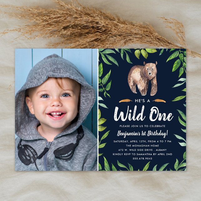 Watercolor Wild One | Photo Birthday Party | Navy Invitation (Creator Uploaded)