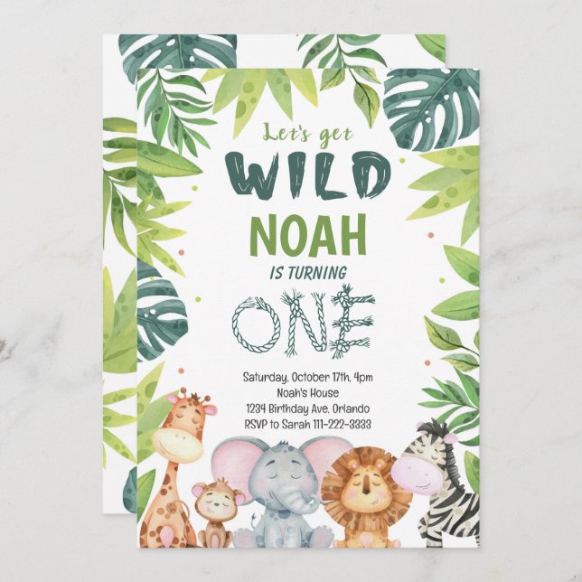 Watercolor Wild One Safari 1st Birthday Invitation (Front/Back)