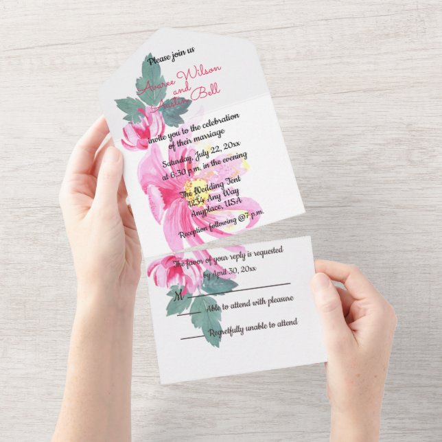 Watercolor Wild Pink Roses All In One Invitation (Tearaway)