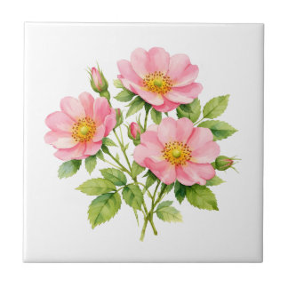 Watercolor Wild Pink Roses Tile