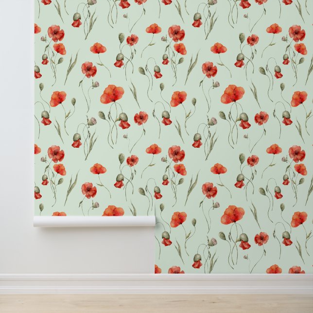 Watercolor Wild Poppies on Delicate Green Wallpaper (Application)