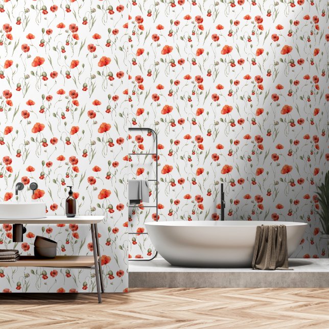 Watercolor Wild Poppies Wallpaper (Bathroom)