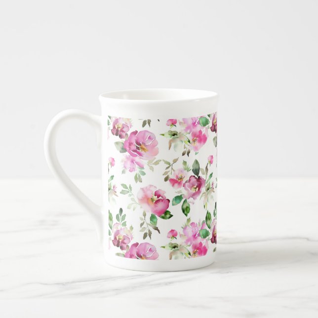 Watercolor Wild Rose Pattern Bone China Mug (Left)