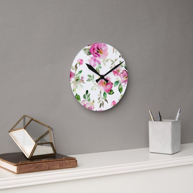 Watercolor Wild Rose Pattern Round Clock (Office)