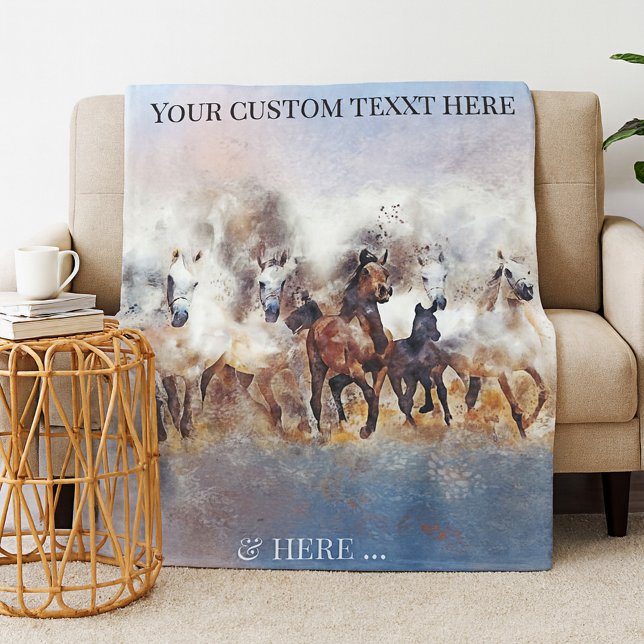 Watercolor Wild Running Horses Fleece Blanket (Fleece blanket featuring a watercolor painting of wild running horses)