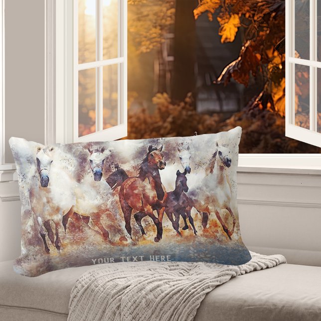 Watercolor Wild Running Horses Lumbar Cushion (Pillow featuring a watercolor image of wild running horses)